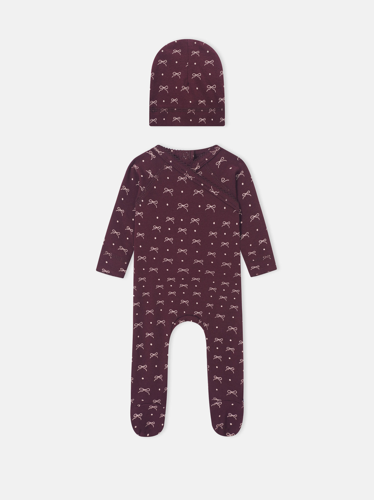 Adee Burgundy Bow 2-piece layette set for girls; hat and footed romper with white bow pattern.