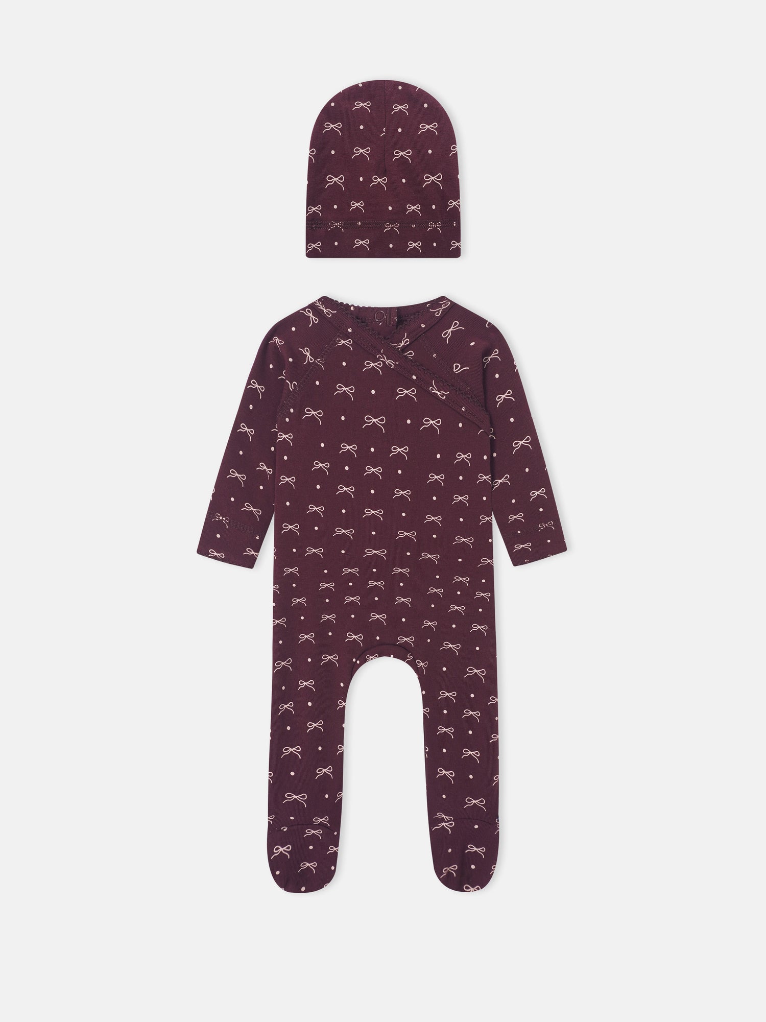Adee Burgundy Bow 2-piece layette set for girls; hat and footed romper with white bow pattern.