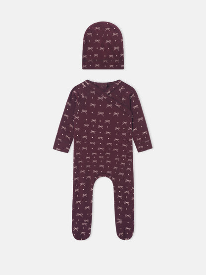 Adee Burgundy Bow 2-piece layette set for girls; hat and footed romper with white bow pattern.