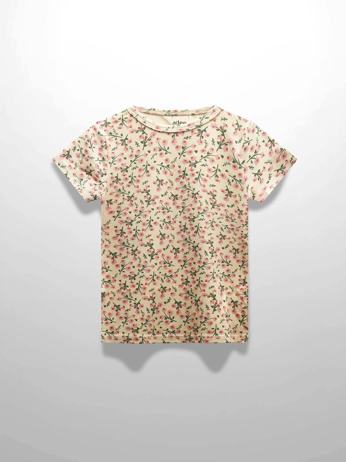 Beige floral print short-sleeve t-shirt with pink and green blossoms.
