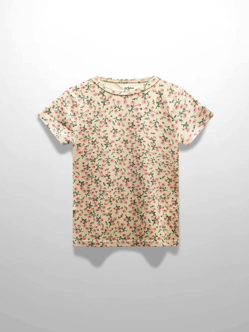 Beige floral print short-sleeve t-shirt with pink and green blossoms.