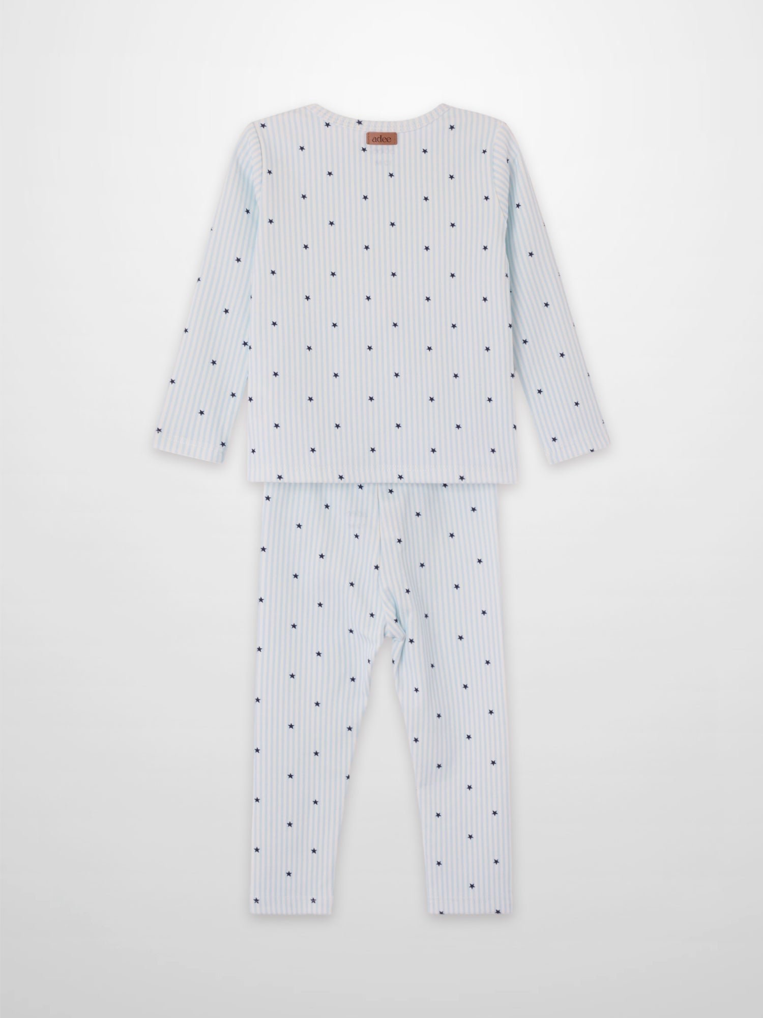 Blue Star Pajamas set for boys by Adee, light blue striped top and pants with navy stars.