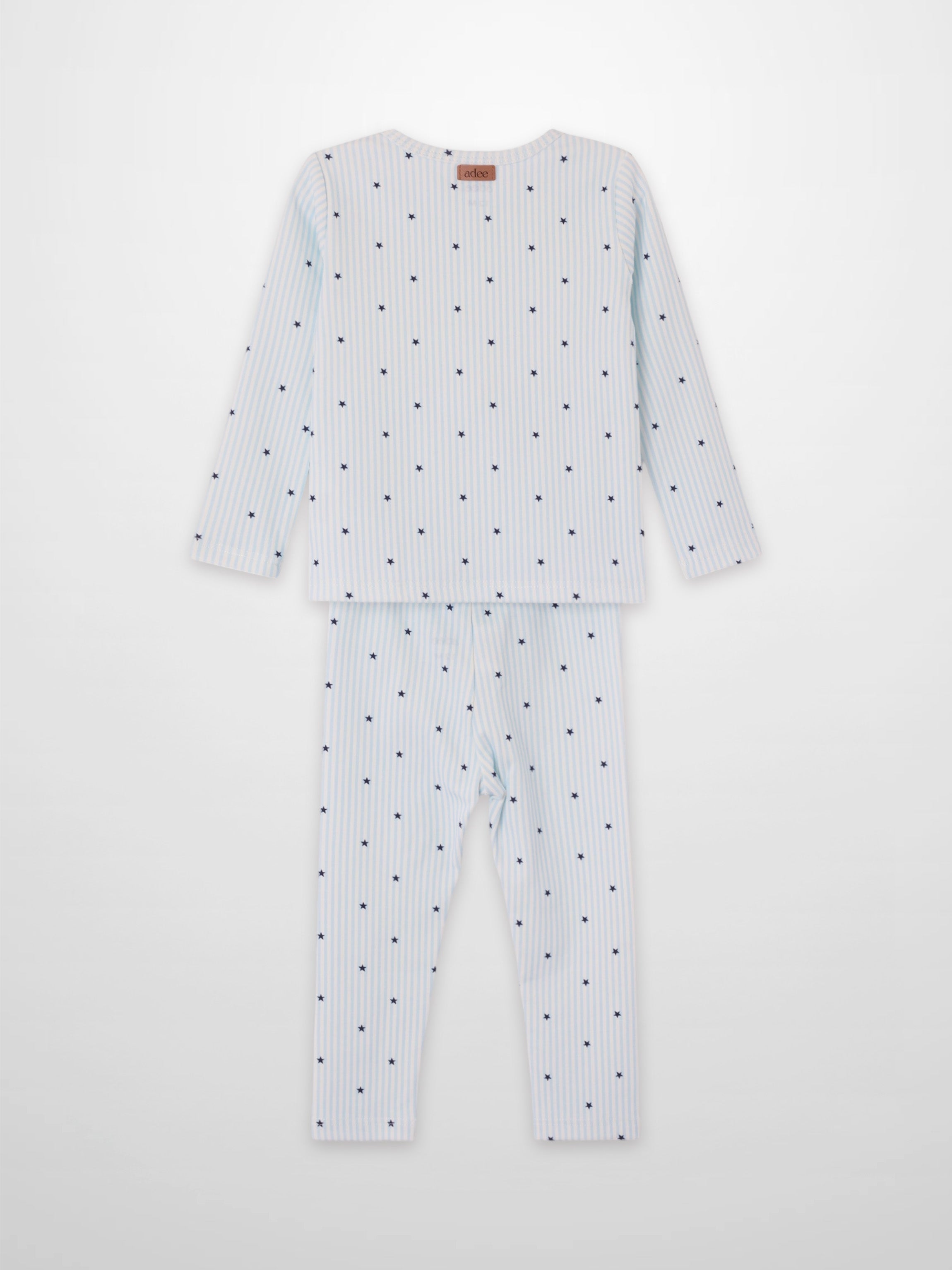 Blue Star Pajamas set for boys by Adee, light blue striped top and pants with navy stars.