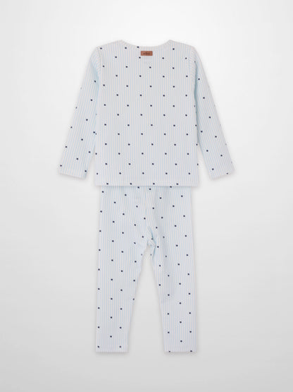 Blue Star Pajamas set for boys by Adee, light blue striped top and pants with navy stars.