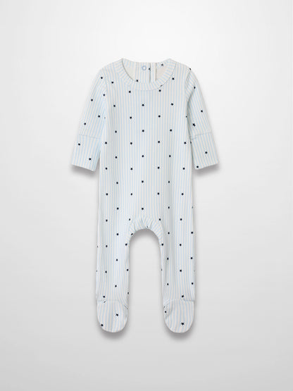 Blue Star Stretchy: light blue striped footie jumpsuit with navy stars and scalloped trim, breathable stretch fabric.