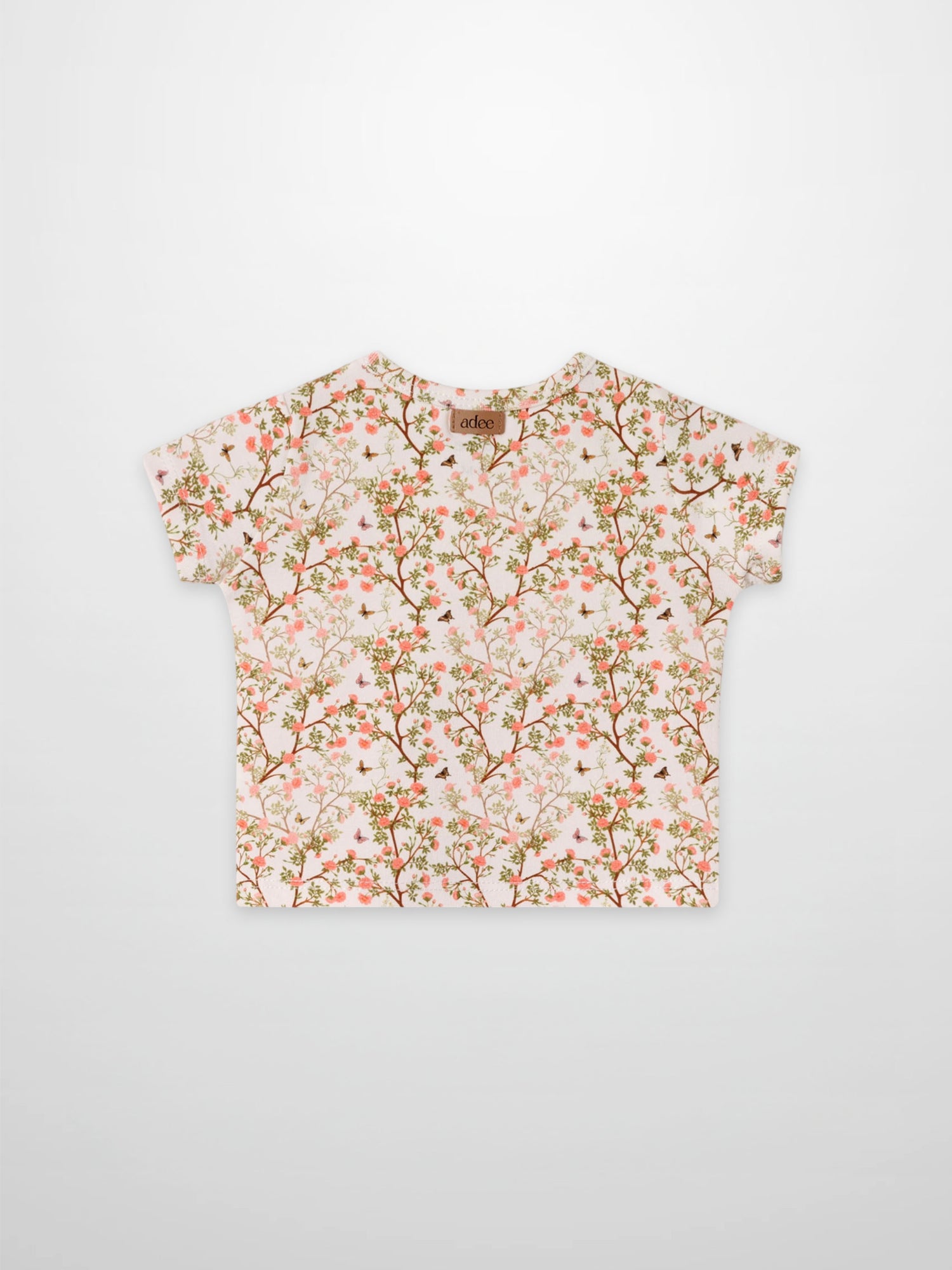 Spring Floral Short Sleeve T-Shirt for girls by Adee; pink floral branch print across white background