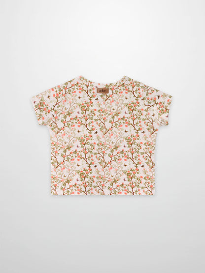 Spring Floral Short Sleeve T-Shirt for girls by Adee; pink floral branch print across white background