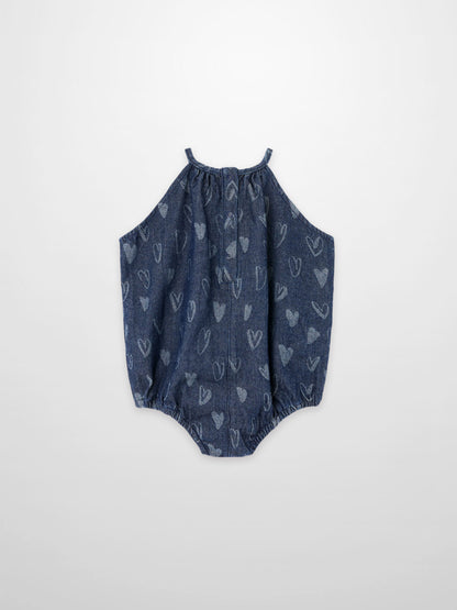 Denim Heart Romper for girls by Adee, blue denim with heart print and elastic leg openings