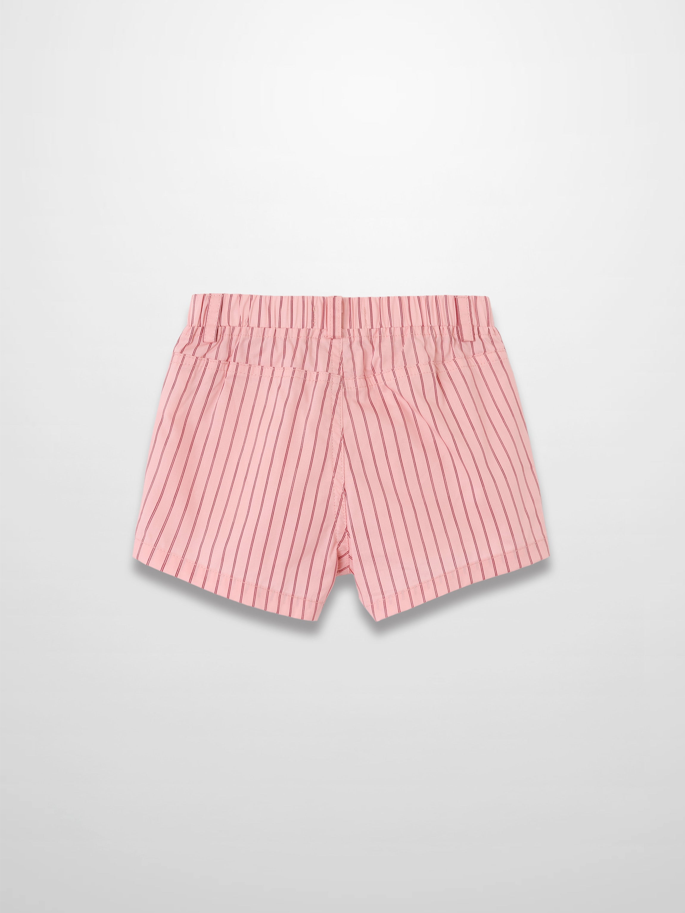 Back view of pink striped cotton shorts with elastic waistband