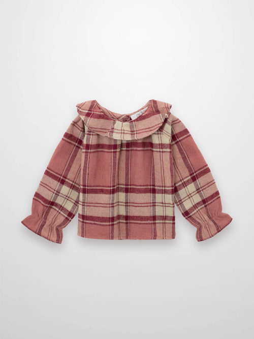 Plaid shirt - Pink, Adee girls dressy top with long sleeves and ruffled cuffs.