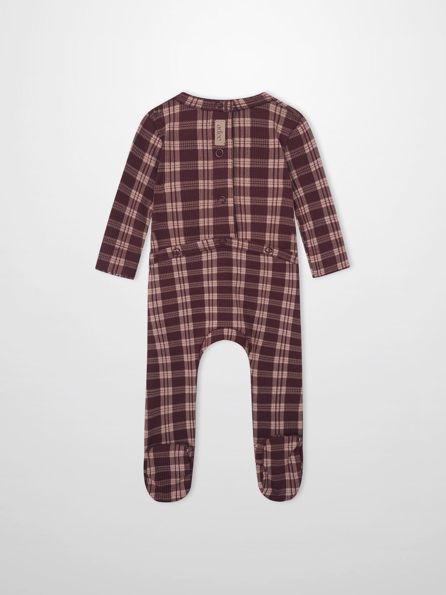 Adee burgundy plaid layette set for girls, footed sleeper.