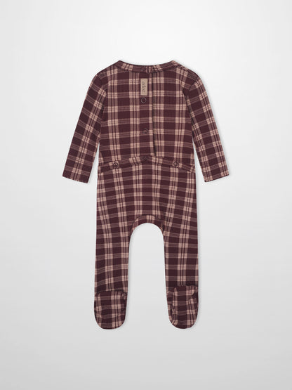Adee burgundy plaid layette set for girls, footed sleeper.