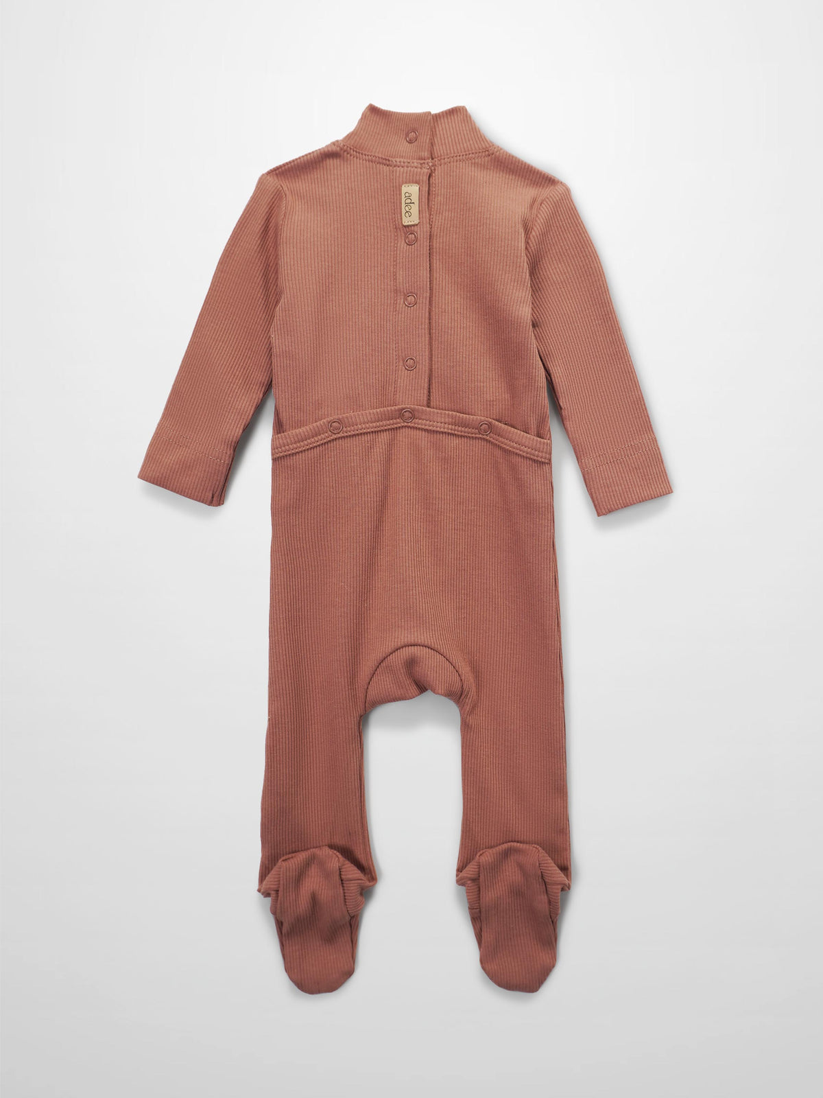 Pink ribbed footed baby romper with mock neck, front button placket, and built-in feet.