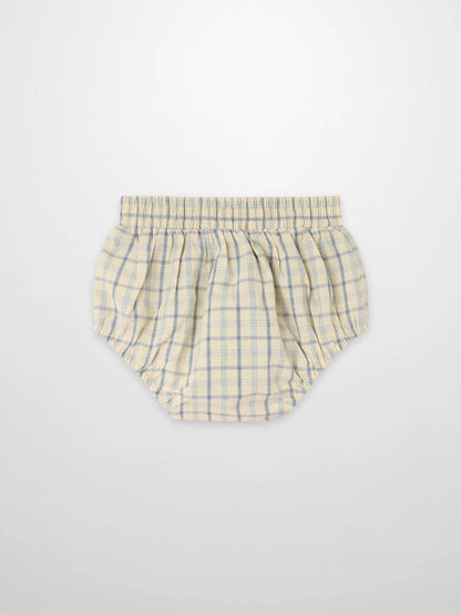 Plaid bloomers by Adee for boys, beige with blue plaid, elastic waistband.