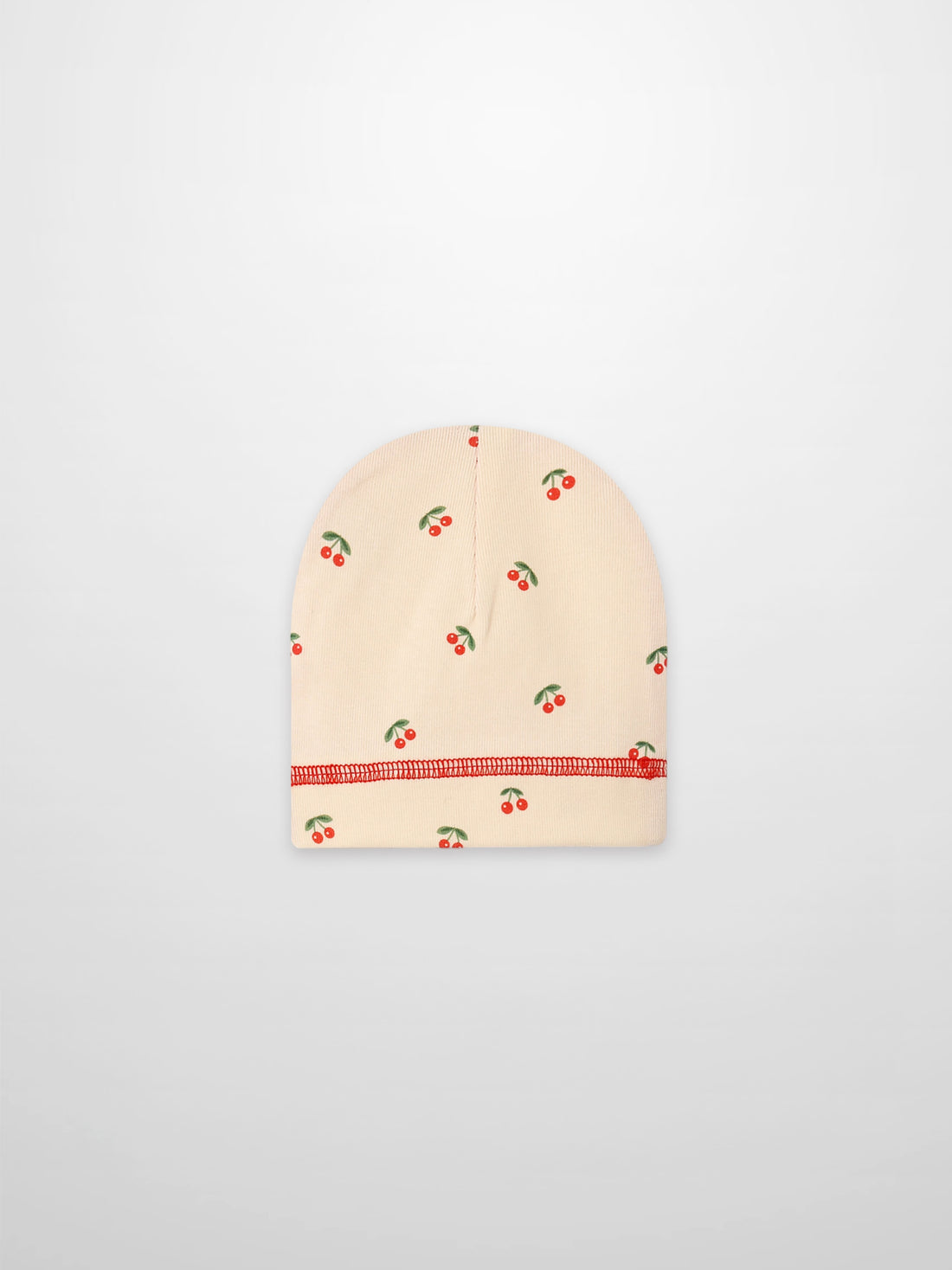 Red Cherry Hat for girls by Adee; beige knit cap with scattered red cherries pattern