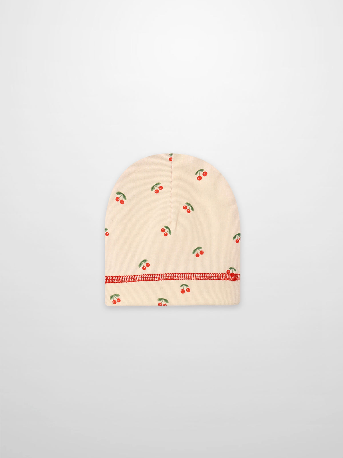 Red Cherry Hat for girls by Adee; beige knit cap with scattered red cherries pattern