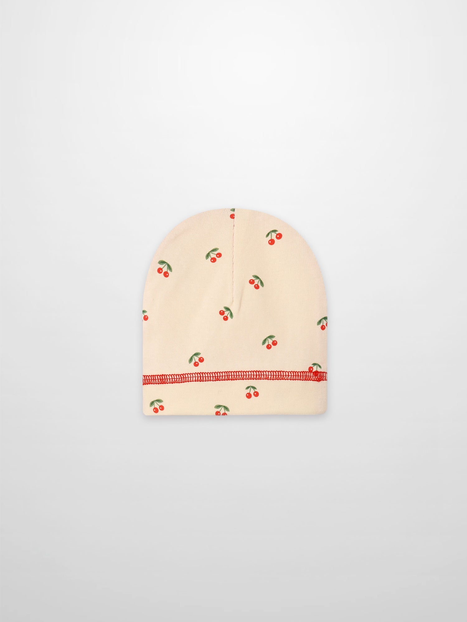 Red Cherry Hat for girls by Adee; beige knit cap with scattered red cherries pattern