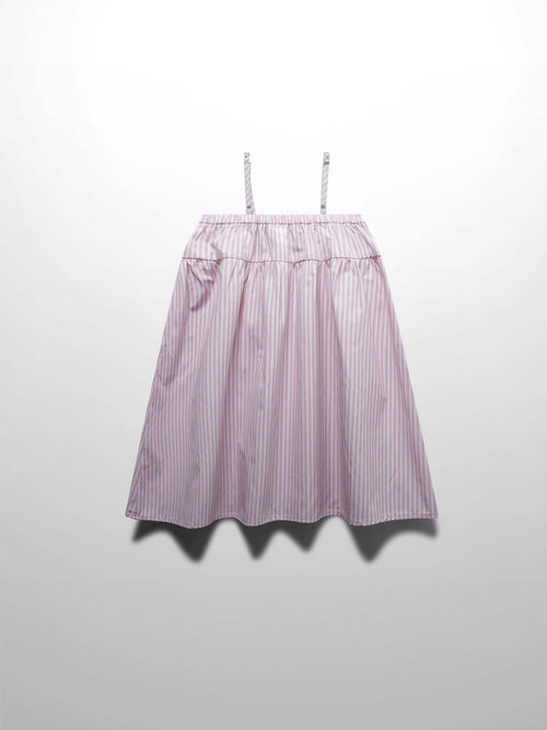 Pink and white striped cotton jumper for girls with elastic top, adjustable straps, and a flared skirt.