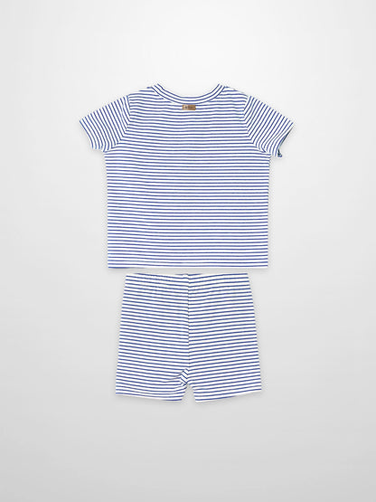 Eiffel Tower Shorts Set, two-piece blue-and-white striped outfit for little boys by Adee