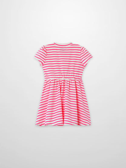 Adee neon pink striped dress, short sleeves, elastic waist, girls&