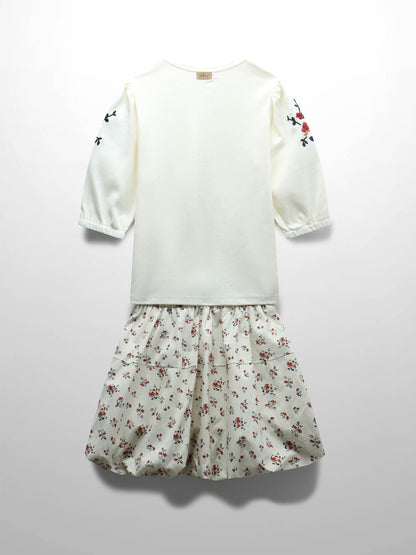 Floral Bubble Skirt with 3/4 Sleeve T-shirt