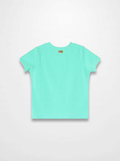 Mint green Thin Ribbed T-Shirt, back view laid flat with small neckline label.