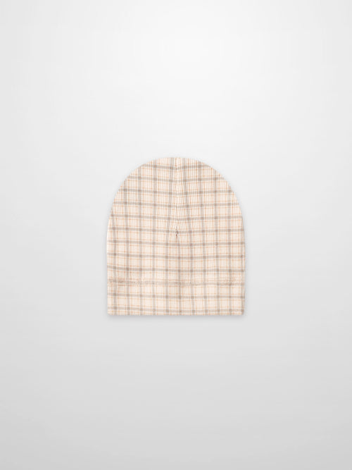 Oatmeal Grid Hat for boys by Adee, light blue and brown plaid beanie.