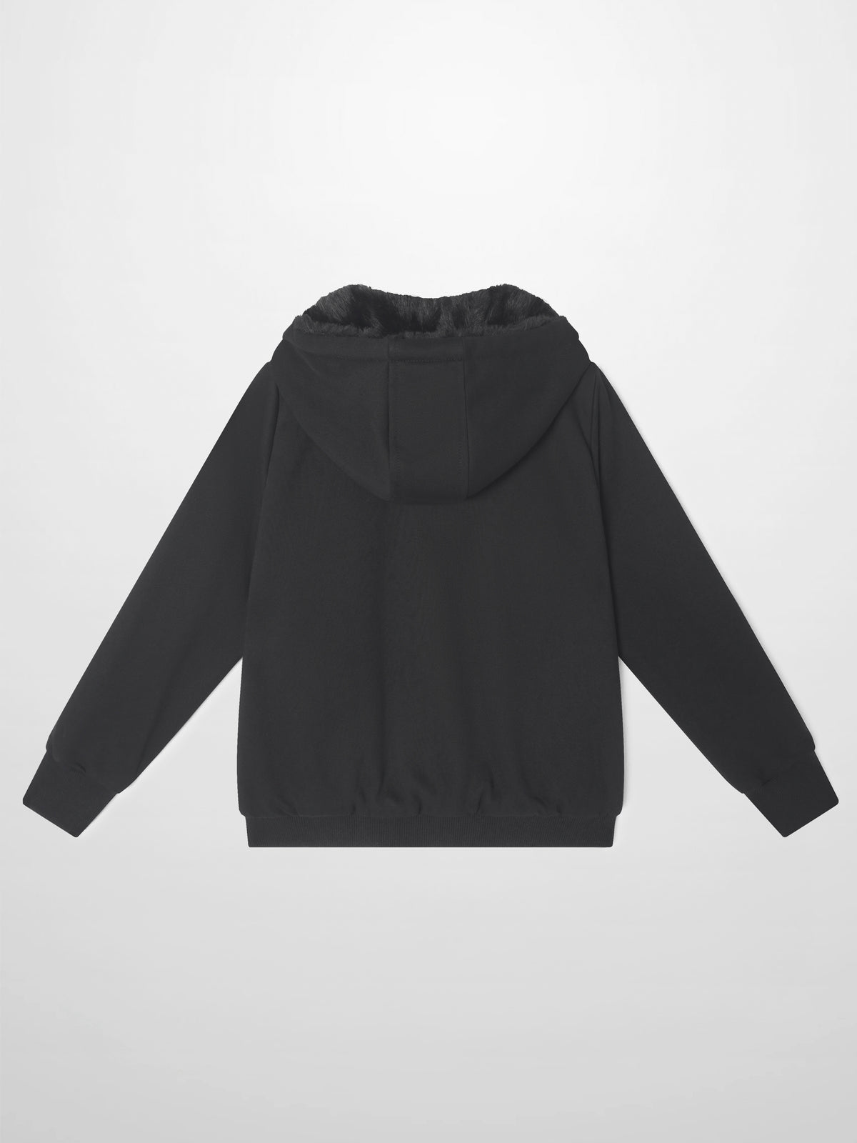 Fur lined black hooded sweatshirt by Adee; unisex tops