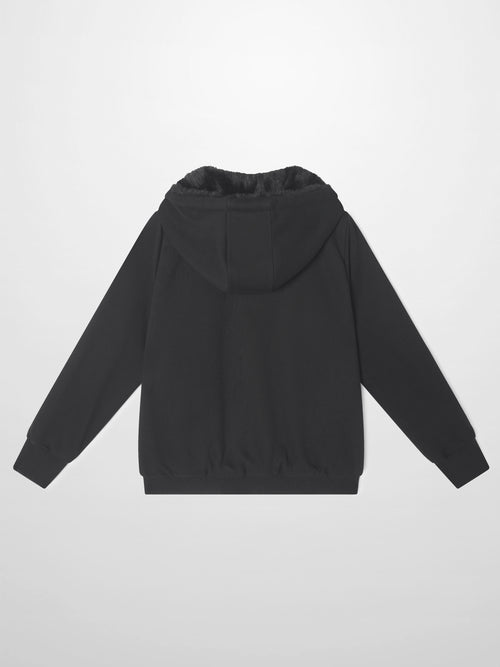 Fur lined black hooded sweatshirt by Adee; unisex tops