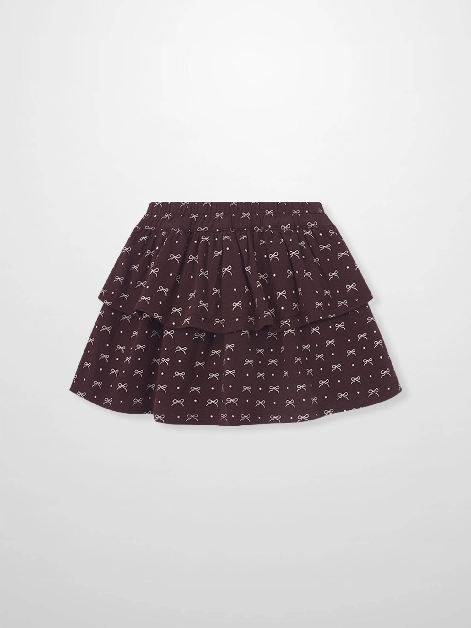Adee Burgundy Bow Layered Skirt for girls with tiered ruffles and white bow motif.