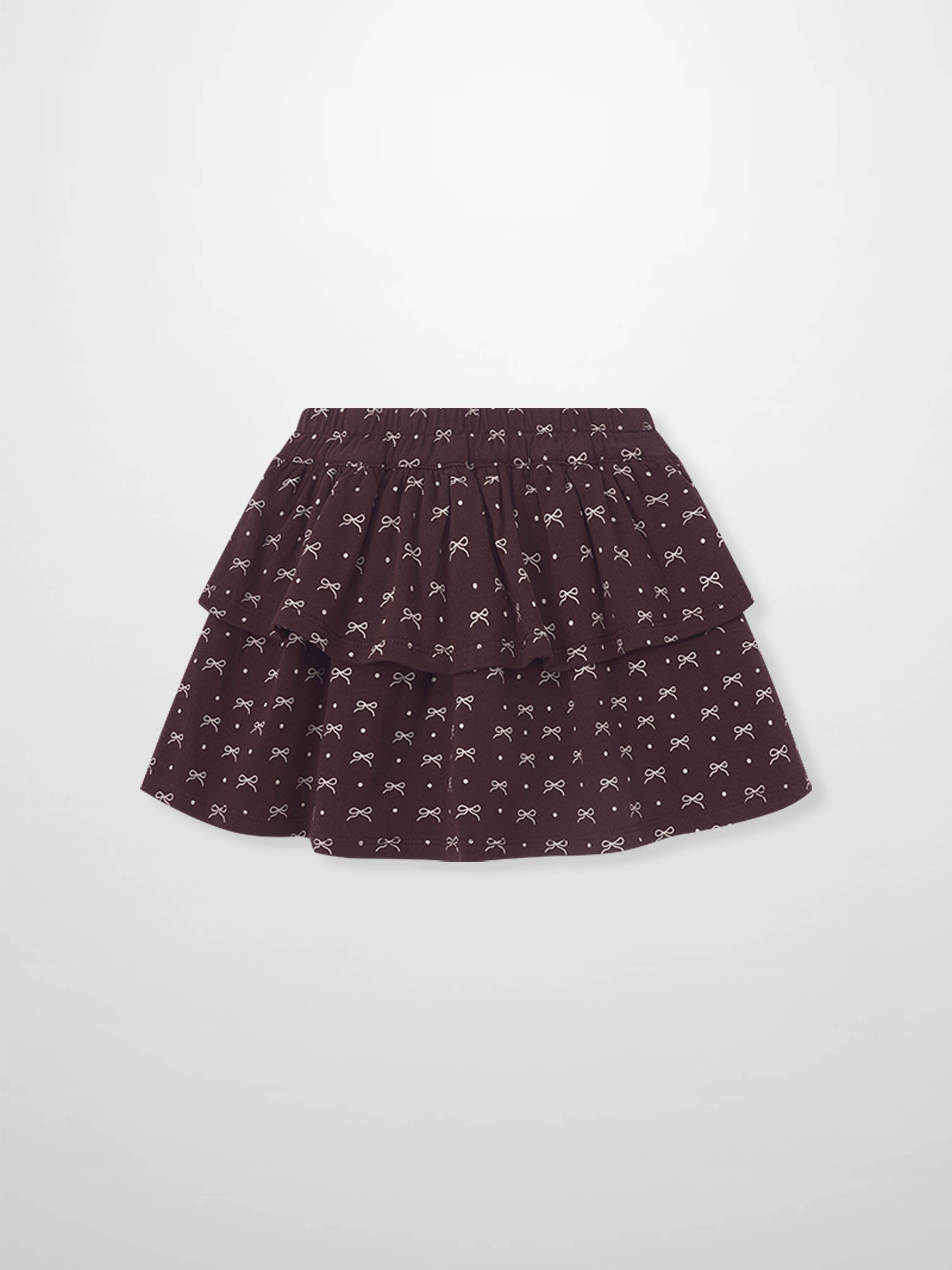 Adee Burgundy Bow Layered Skirt for girls with tiered ruffles and white bow motif.