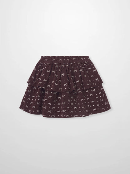 Adee Burgundy Bow Layered Skirt for girls with tiered ruffles and white bow motif.