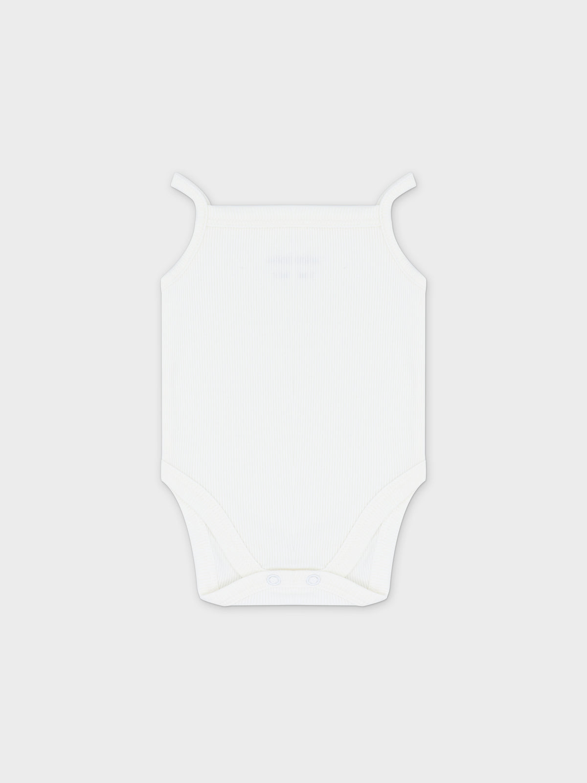 White ribbed undershirt bodysuit with thin straps and bottom snap closures; three-pack.