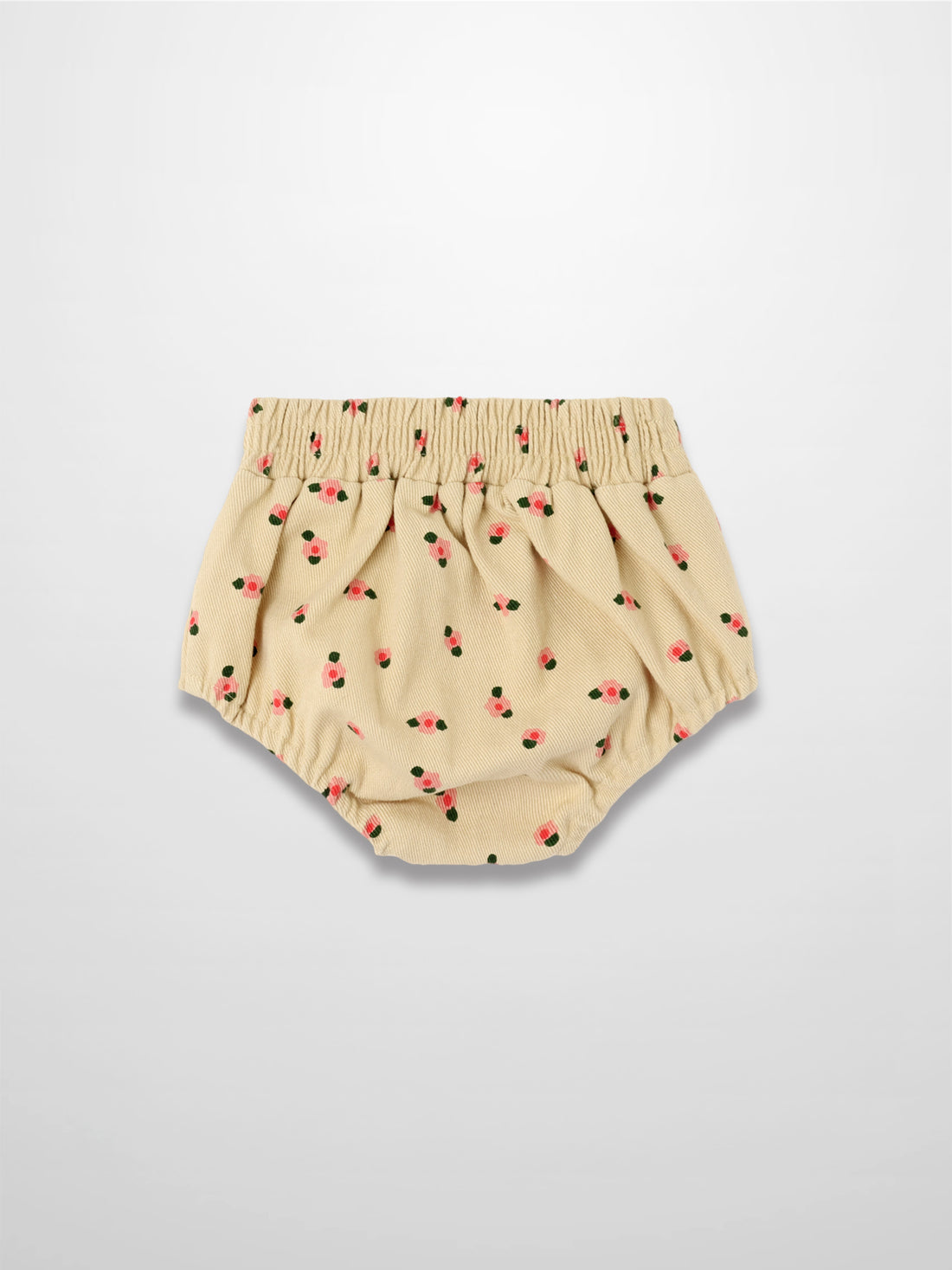 Tan floral bloomers with pink flowers and green leaves, elastic waistband and gathered legs.