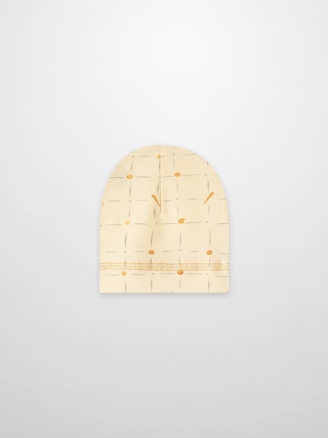 Grand Slam Hat, beige knit with pale blue grid lines and orange dots.