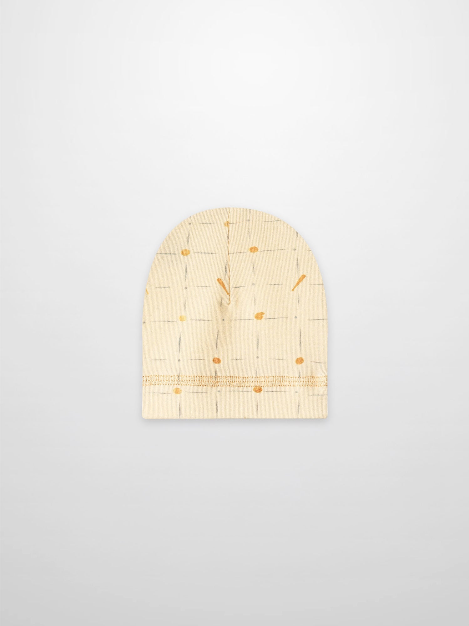 Grand Slam Hat, beige knit with pale blue grid lines and orange dots.