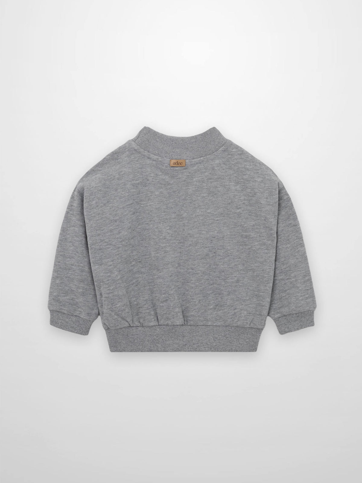 Grey Bike Sweatshirt back view with ribbed cuffs and hem, tan brand tag.