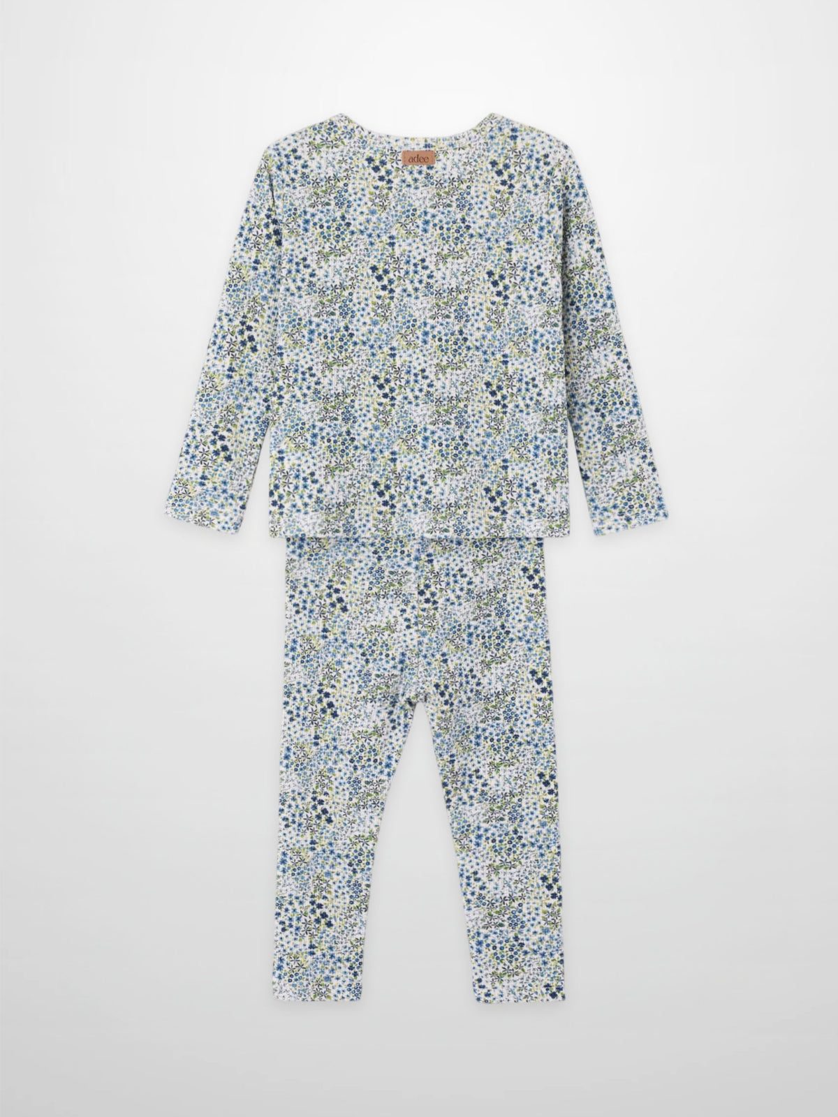 Blue floral girls pajamas set by Adee with a long-sleeve top and matching pants