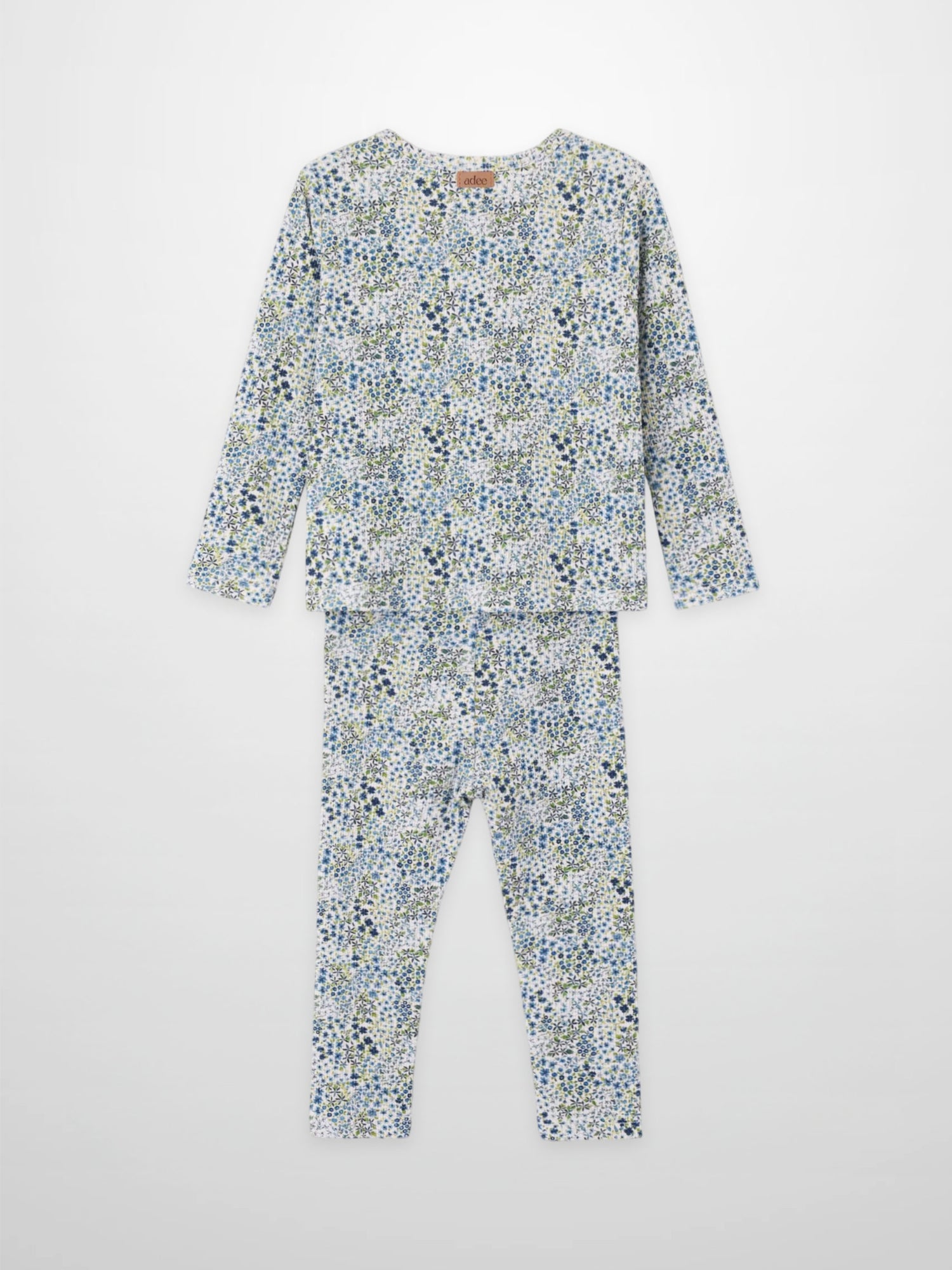 Blue floral girls pajamas set by Adee with a long-sleeve top and matching pants