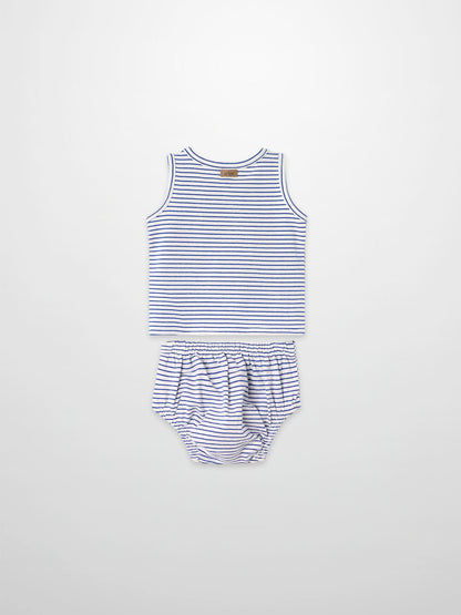 Eiffel Tower bloomers &amp; tank set; 2-piece Adee outfit in white with navy stripes for little boys