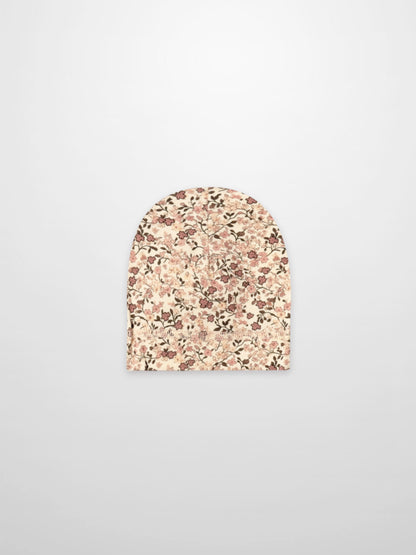 Purple Flower Hat for girls by Adee; beige fabric with all-over pink floral print.