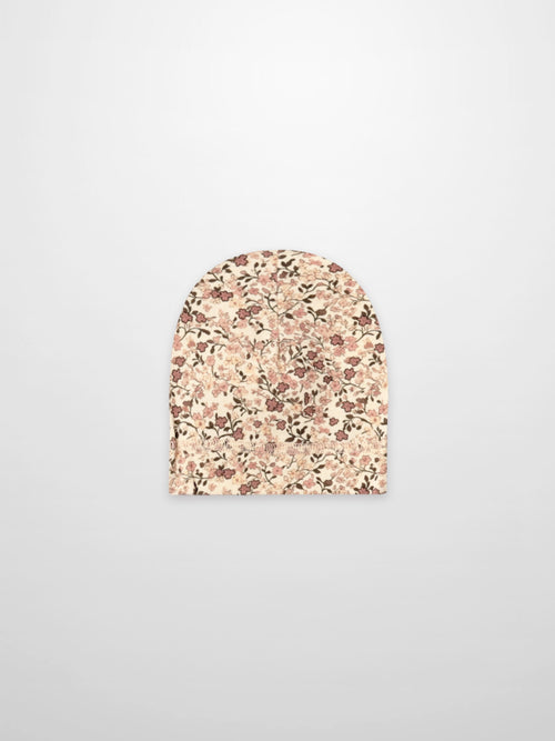 Purple Flower Hat for girls by Adee; beige fabric with all-over pink floral print.