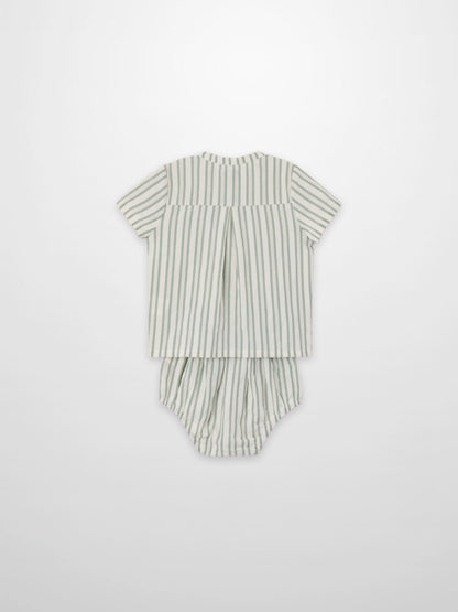 Green striped shirt and bloomers set for little boys; two-piece dressy outfit