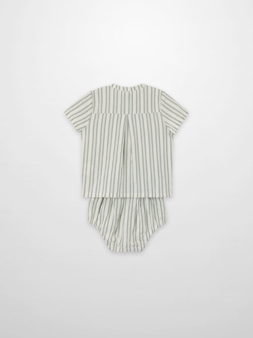 Green striped shirt and bloomers set for little boys; two-piece dressy outfit