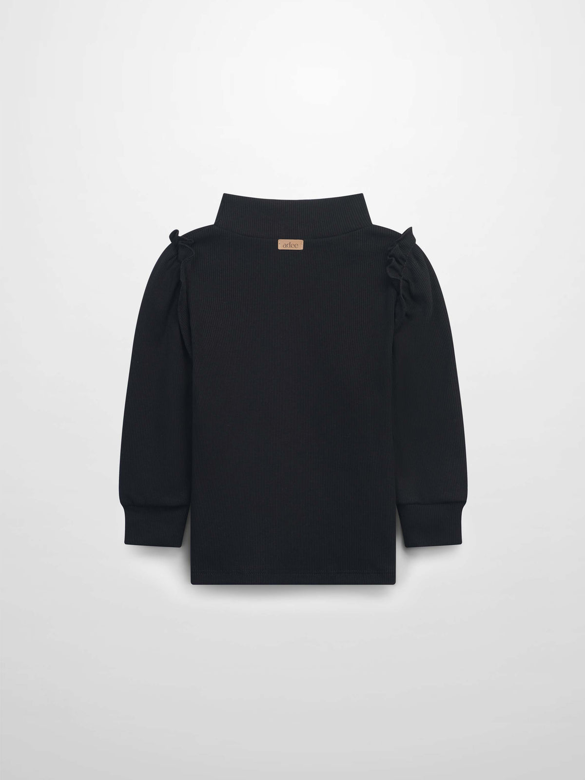 Black ribbed mock-neck shirt with puffed ruffle sleeves, back view.