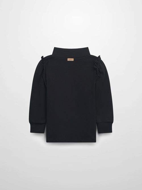 Black ribbed mock-neck shirt with puffed ruffle sleeves, back view.