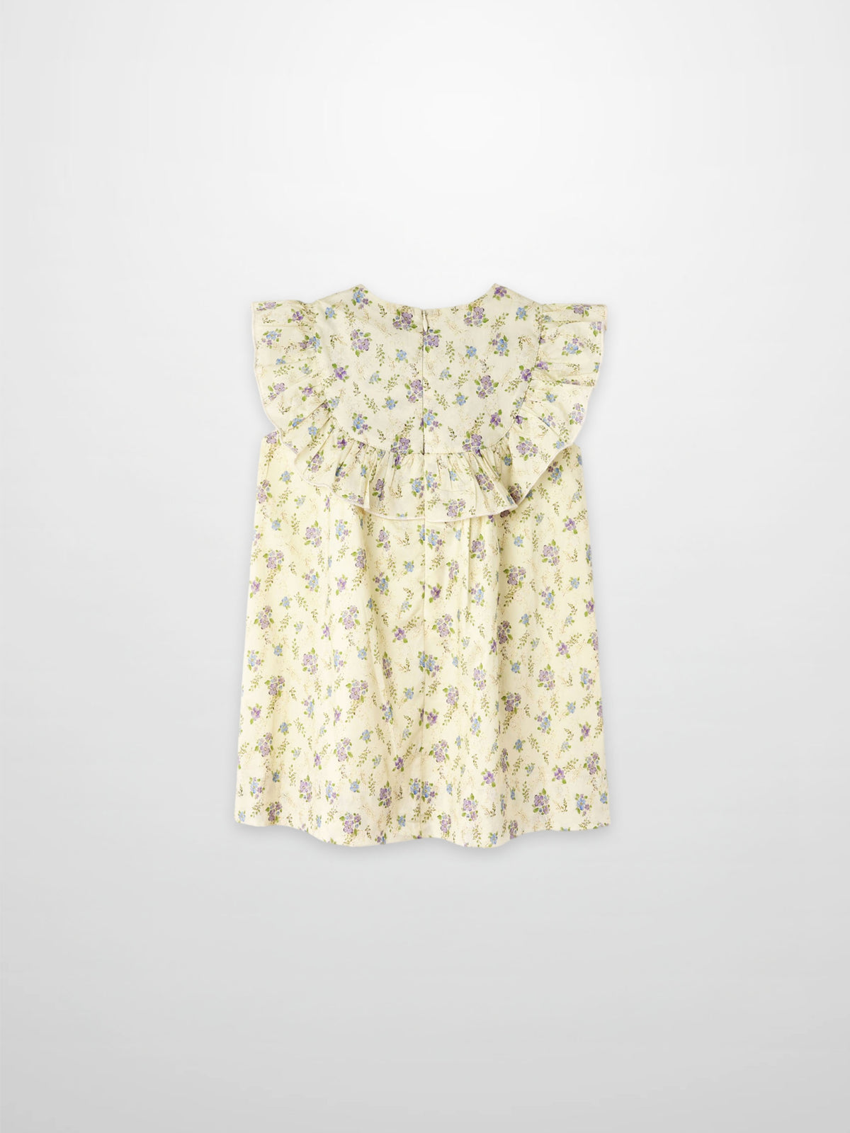 Ivory flower dress for girls, sleeveless with floral print and ruffled bodice.
