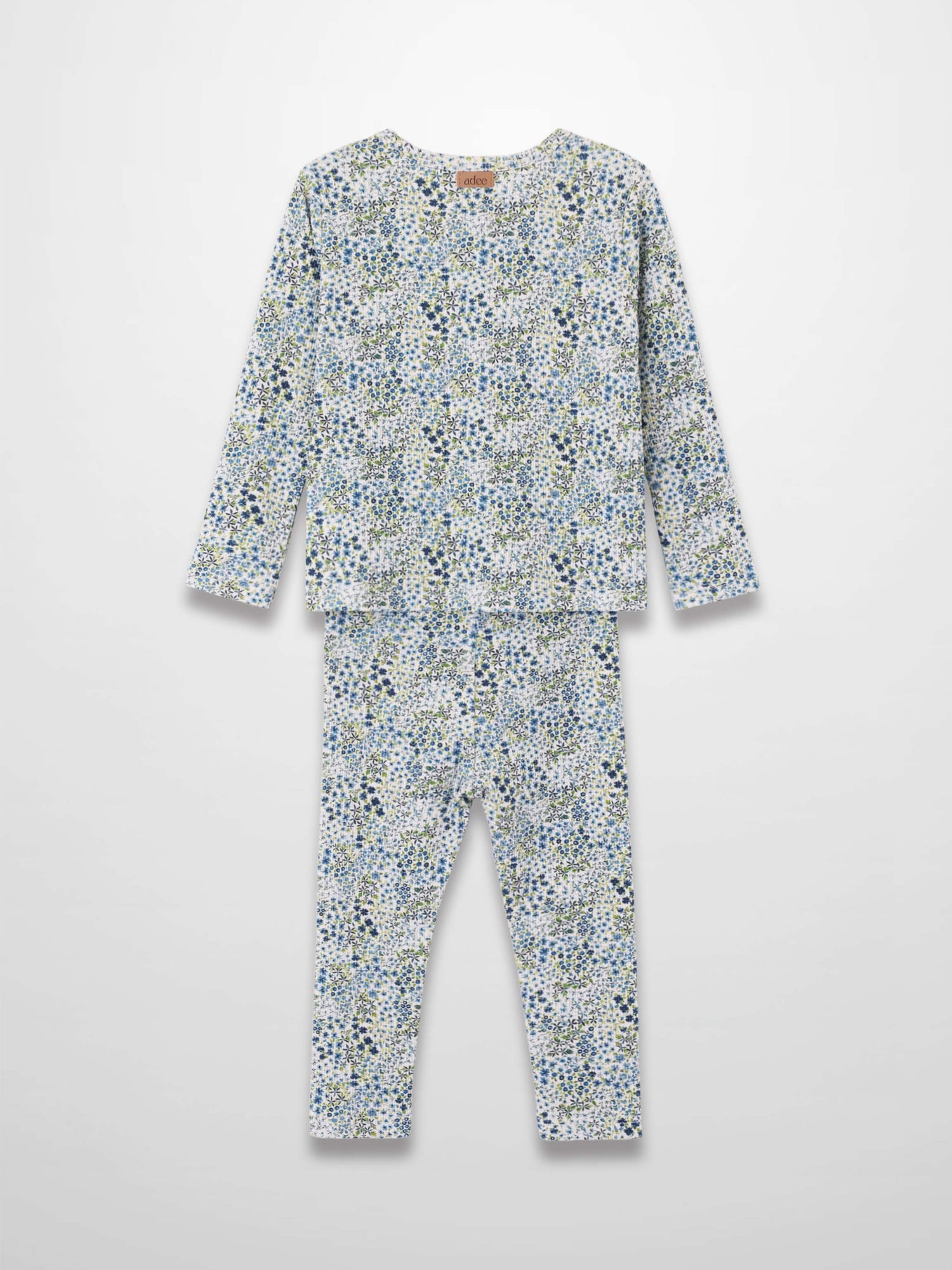 Blue floral pajama set with long sleeve top and full length pants.