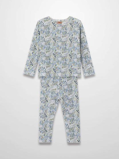 Blue floral pajama set with long sleeve top and full length pants.