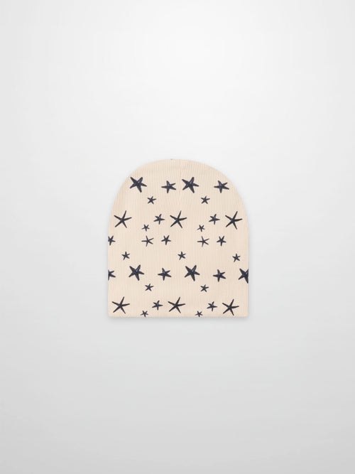Star Beanie for boys in beige knit with navy star pattern